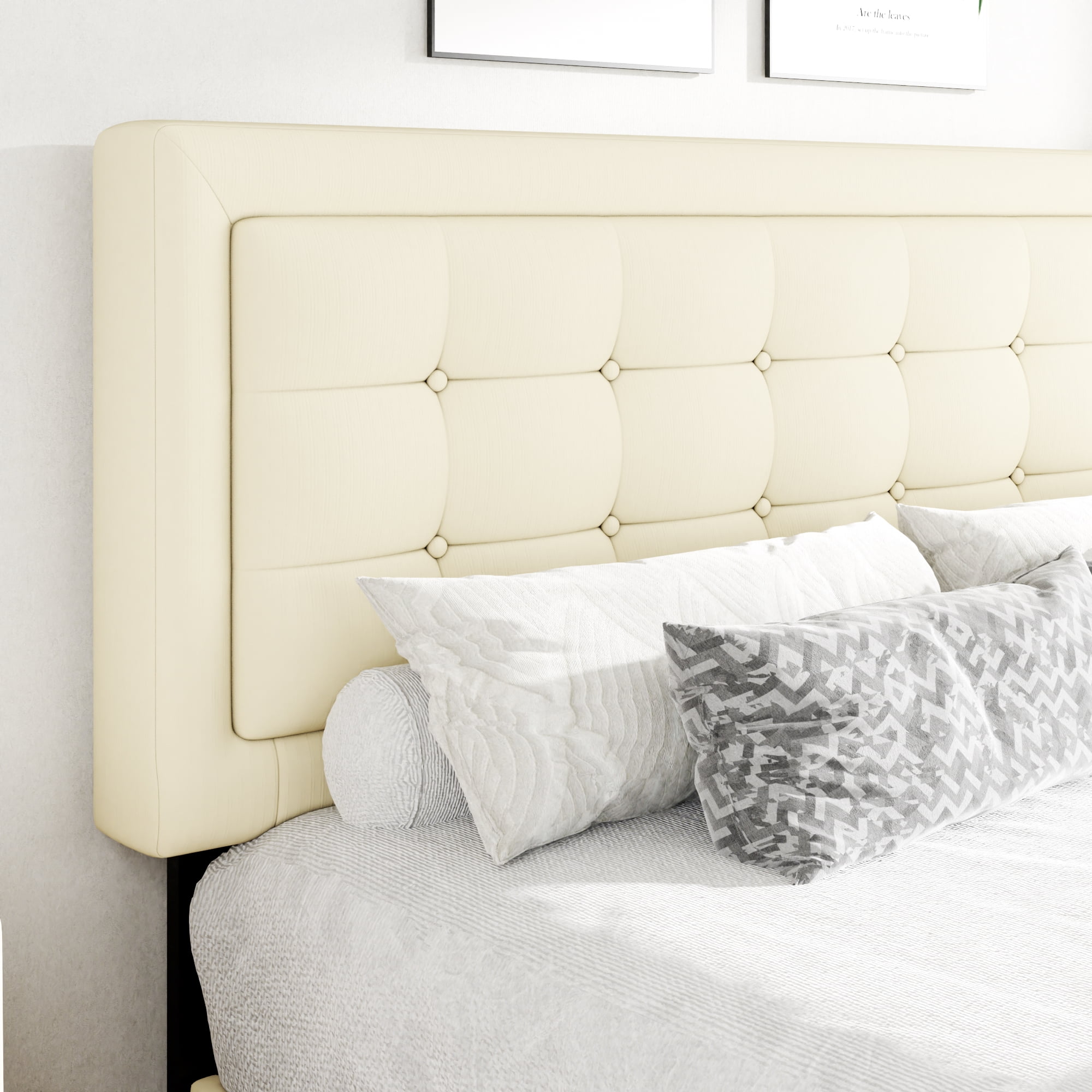 Unizone Full Size Bed Frame with Velvet Upholstered Headboard, Button Tufted Design,Wood Slats Support, No Box Spring Needed, Noise Free, Easy Assembly, Beige