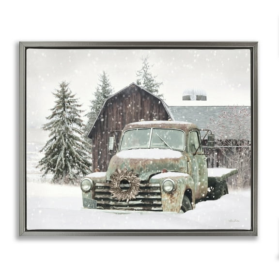 Stupell Industries Winter Rural Vintage Truck & Barn Transportation Painting Gray Floater Framed Canvas Art Print Wall Art, 31 x 25