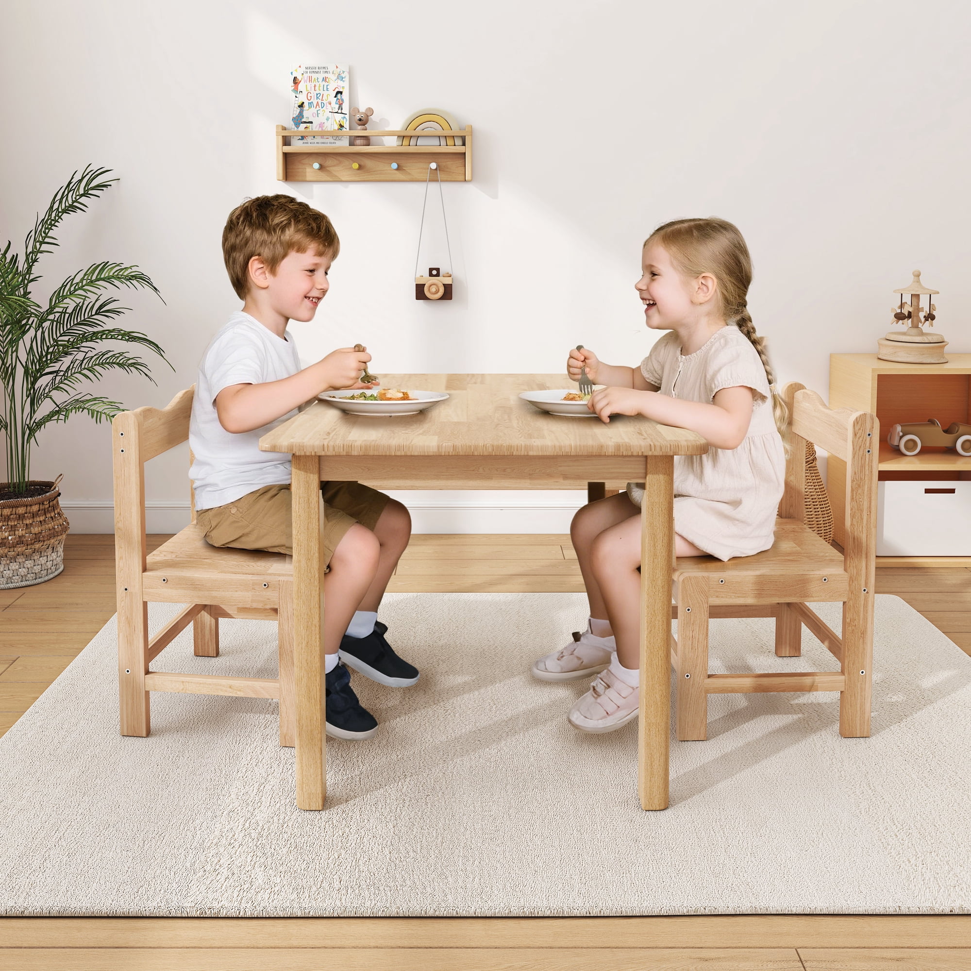 UNICOO® Wooden Kids Table and Chairs Set – 3-Piece Rubber Wood Toddler Table with 2 Chairs – Playroom & Classroom Kids Desk and Chair Set for Arts, Crafts, Reading, Snacks (Natural)