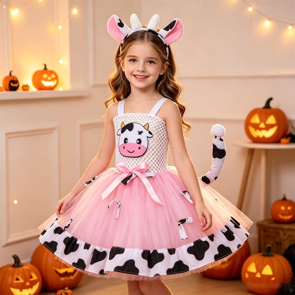 Huowey Toddler Baby Halloween Dresses Cow Animal Tulle Tutu Dress-Up Party Dress With Headband Square Neck Wide Strap Trick Or Treat Cool Festival Clothes,Pink,7-8 Years