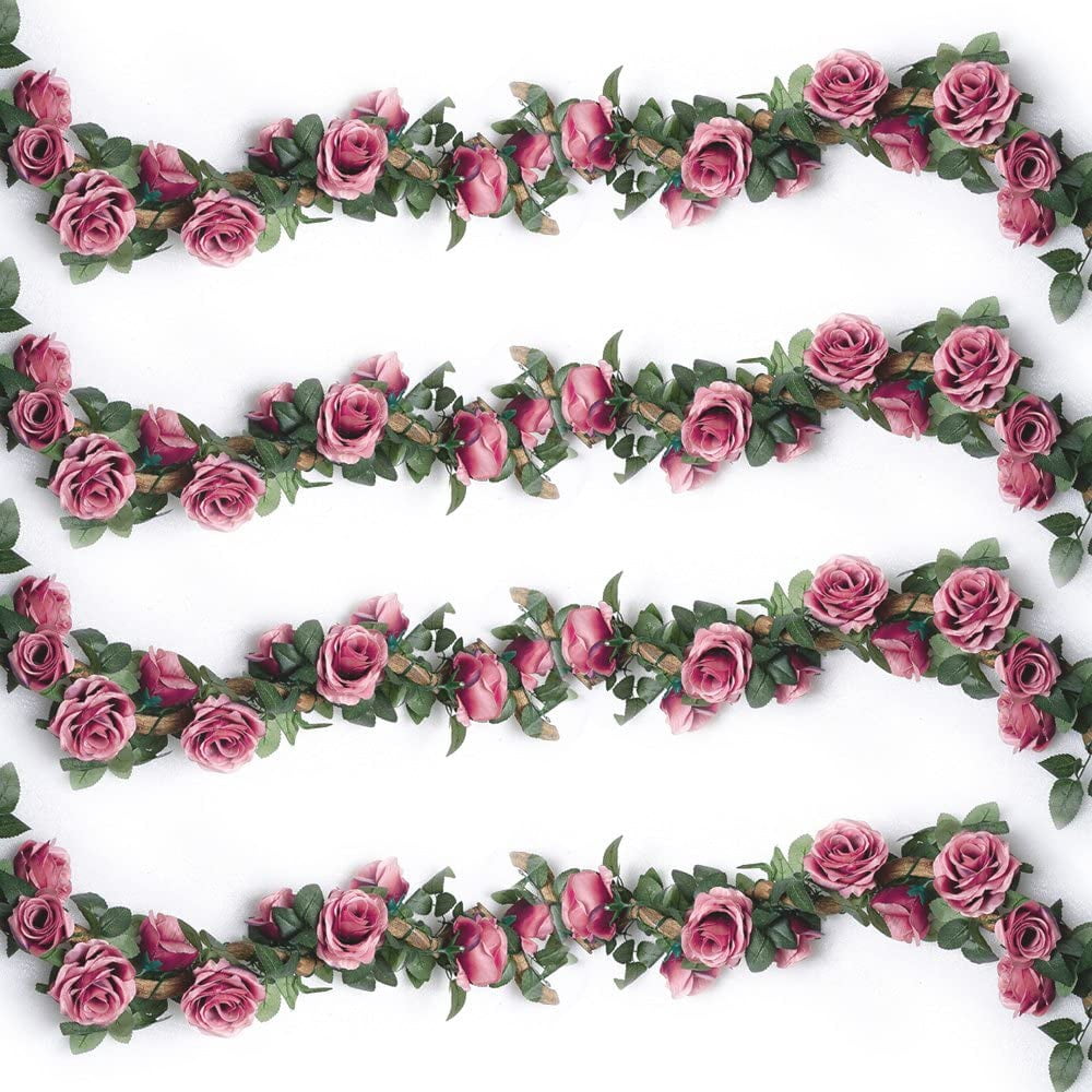 ReedCA 4PCS(28.8 FT) Artificial Rose Vines Fake Silk Flowers Rose Garlands Hanging Rose Ivy Plants for Wedding Home Office Arch Arrangement Decoration (red)