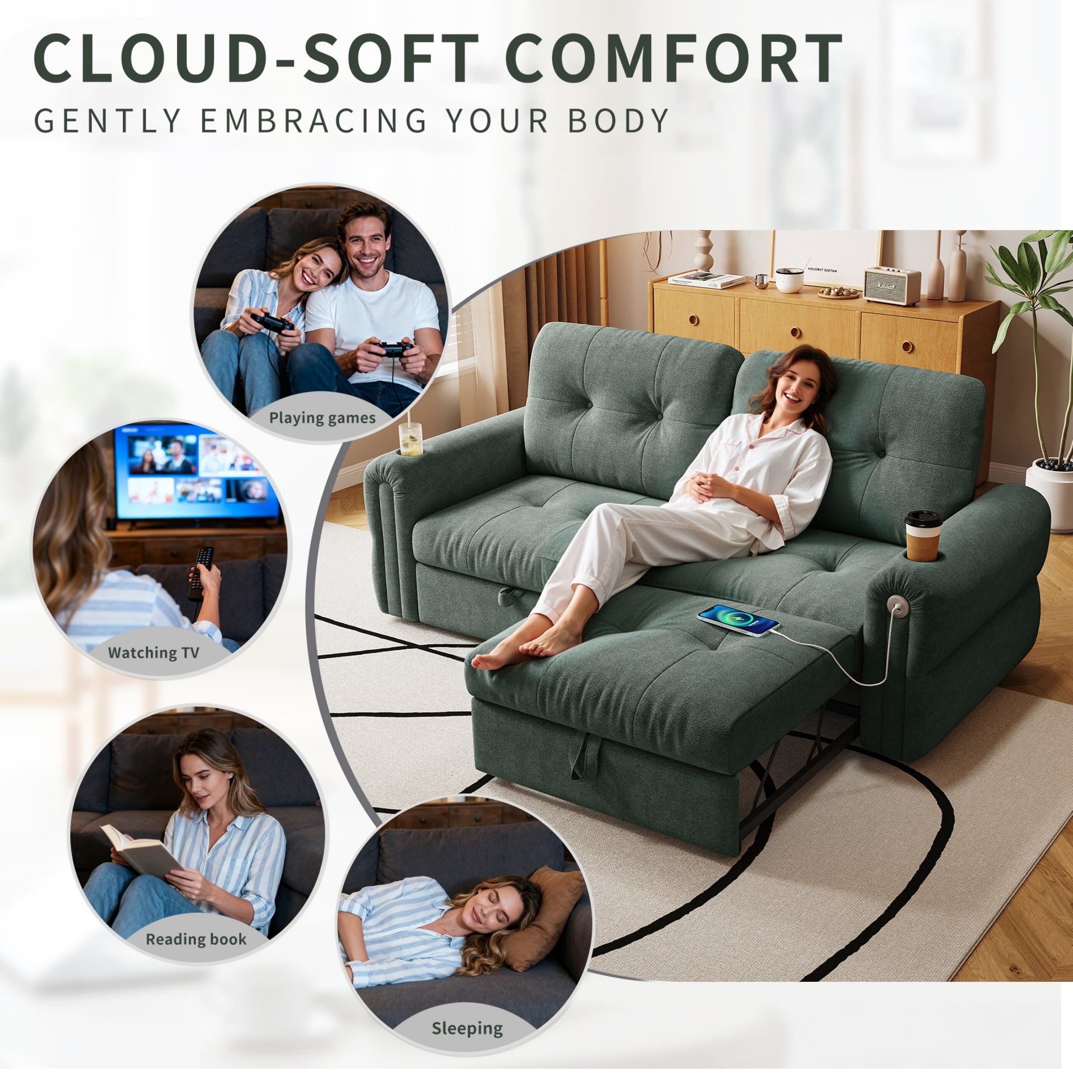 77" Queen Size Sofa Bed, Loveseat Sleeper Sofa with Pull Out Bed and USB, 2 Seater Convertible Small Couch for Living Room Bedroom Apartment (Green, Chenille)