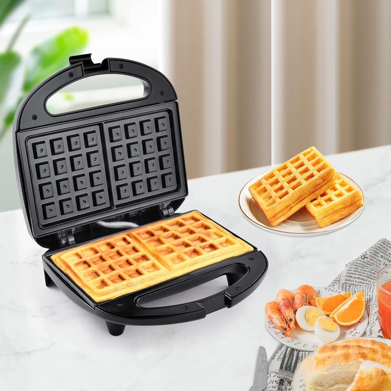 SONGAUN Belgian Waffle Maker, Dual Non-Stick Waffle Iron with Automatic Temperature Control, LED Indicator & Cool-Touch Handle, 750W, Easy to Clean Compact Waffle Machine for Home Breakfast