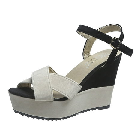 

sandals for Women Fashion Spring And Summer Women Sandals Wedge High Heels Suede Colorblock Buckle Casual Style PU heeled sandals Beige
