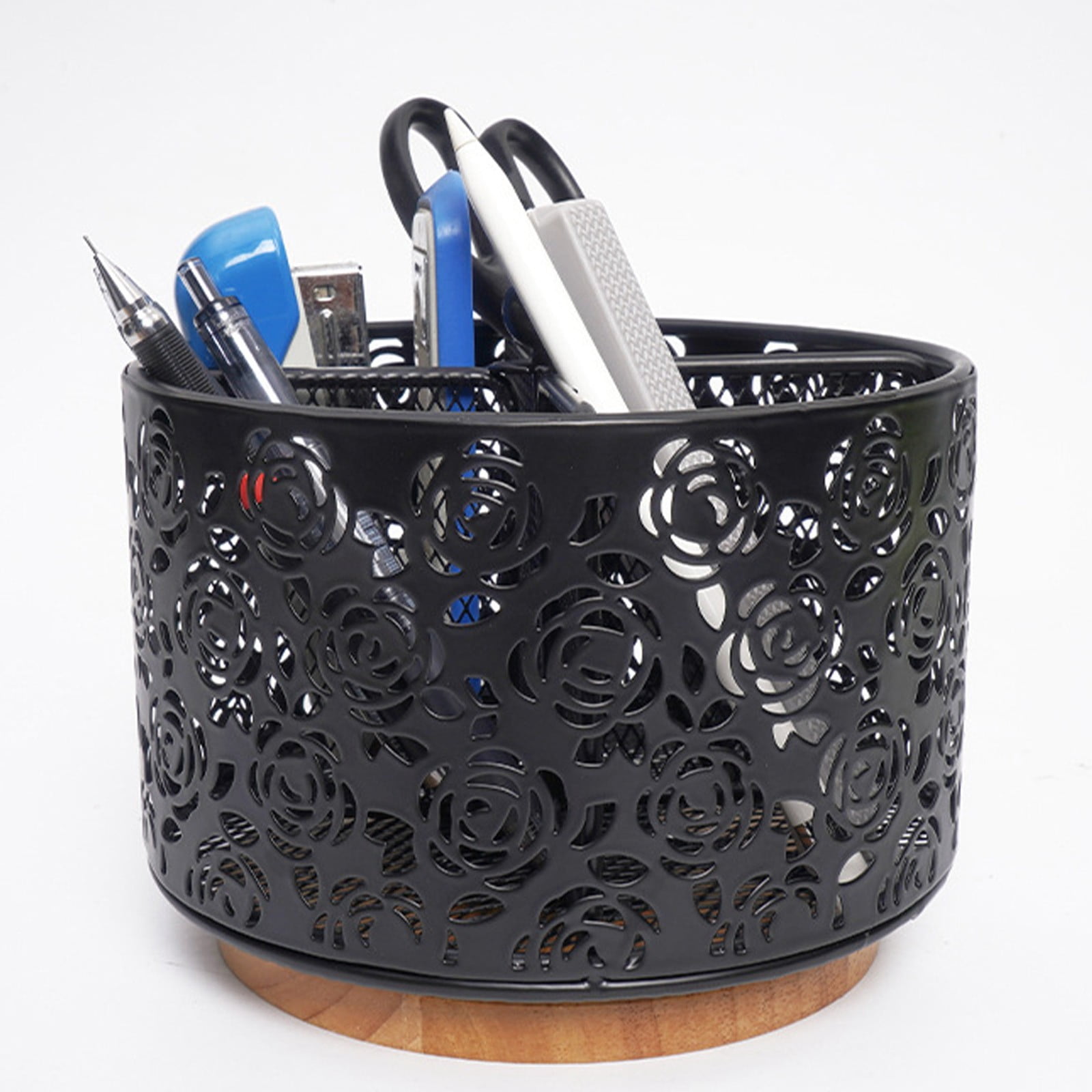 Rotating Mesh Desk Organizer with 4 Compartments for Pens, Office Supplies, Makeup Brushes and Vanity Storage