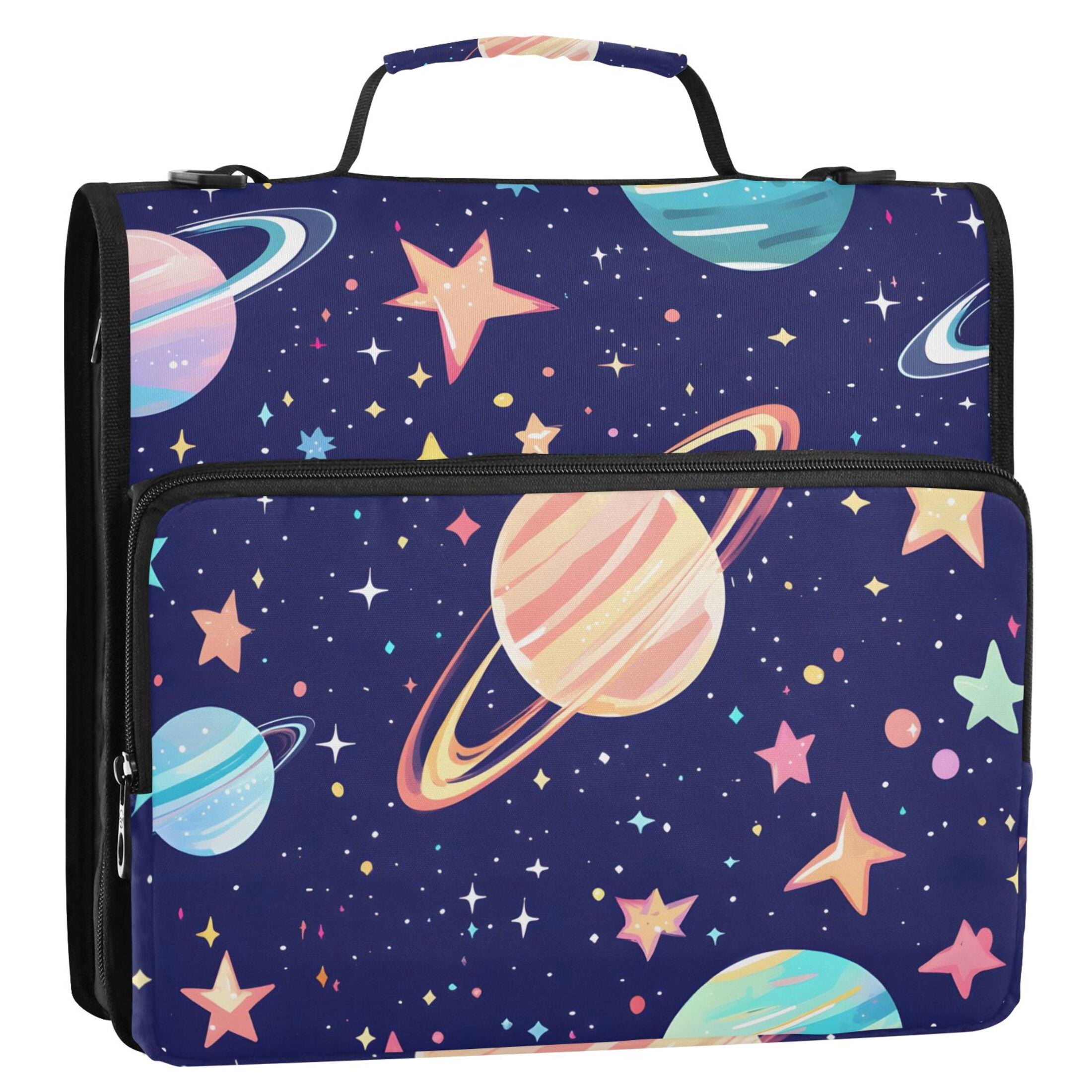 3 Ring Zipper Binder with Shoulder Strap Waterproof Trapper Keeper 2 Inch D-Ring 500 Sheets Capacity Cartoon Planet and Star