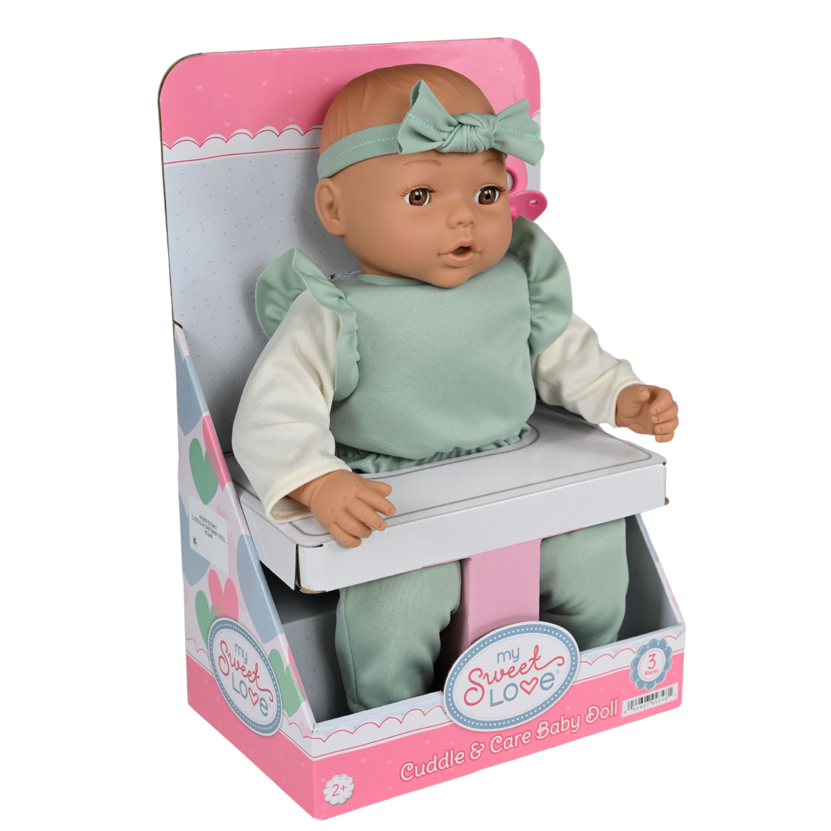 My Sweet Love 18-inch Nurturing Soft Baby Doll with Removable Mint Jumpsuit, Doll with Removable Outfit, Cute Headband and Pretend Pacifier, Brown Eyes