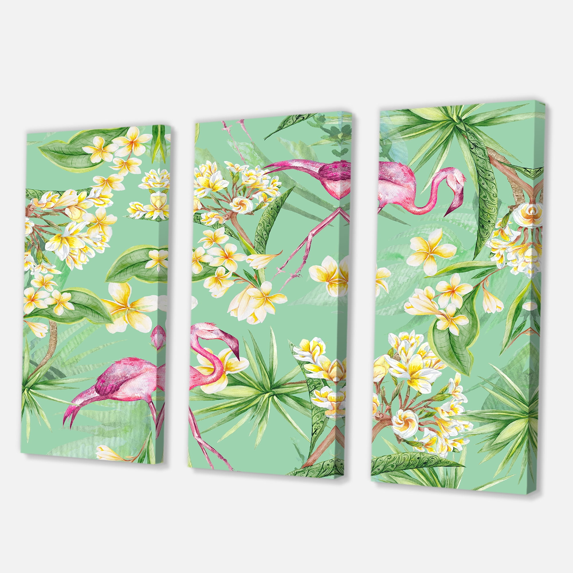 Designart ' Yellow Flowers, Tropical Foliage With Flamingo V ' Traditional Canvas Wall Art Print