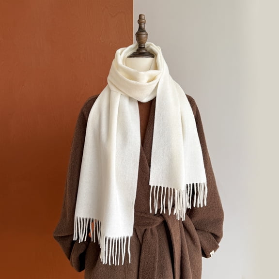 Luxury 100% Australian Wool Scarf, Solid Color Winter Wrap with Fine Twisted Fringe,180*30cm,off-white