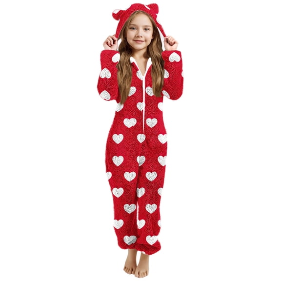 ZQUUVOU Kids Plush Pajama Jumpsuit Solid Color Fleece Heart Print Zipper Hood with Ears Hood Full Body Sleepwear Red