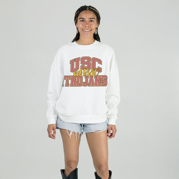 Women's Gameday Couture White USC Trojans Oversized Faded Formation Premium Fleece Sweatshirt