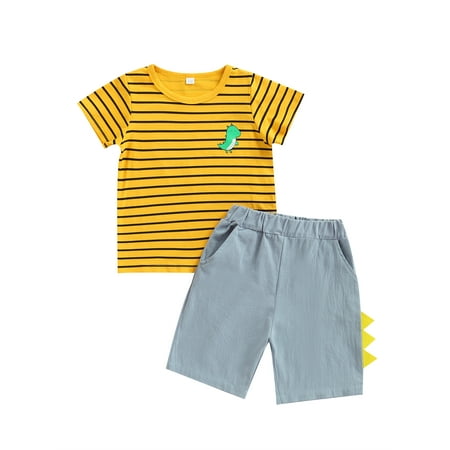 

Pudcoco Boy Summer Set Short Sleeve Dinosaur Print Striped T-shirt Shorts