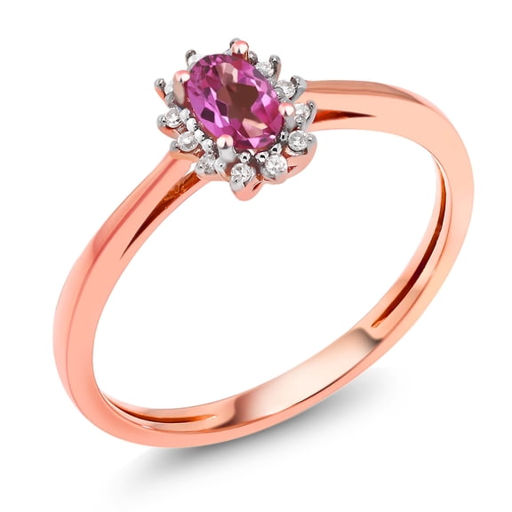 Gem Stone King 0.36 Ct Oval Pink Mystic Topaz White Diamond 18K Rose Gold Ring (Size 9)