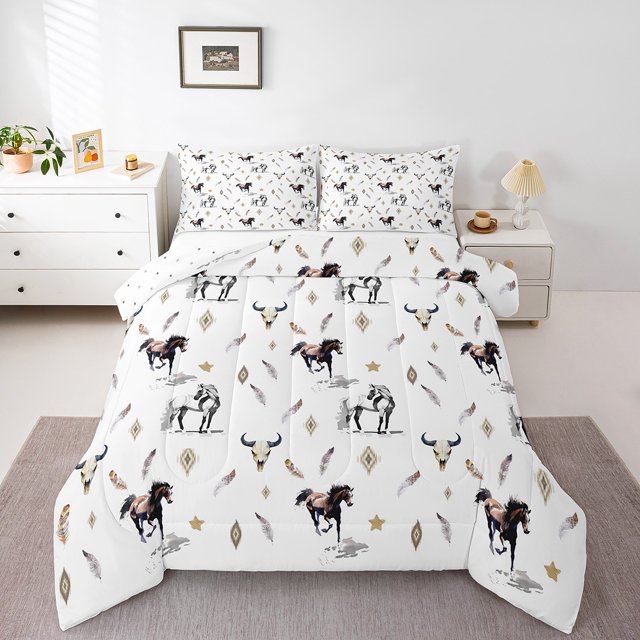 Erosebridal Ensembles de Literie Rustiques Animaux de Ferme Grand Lit avec Couette, Insert de Couette Crâne de Vache des Highlands Cheval, Réversible 3 Pcs