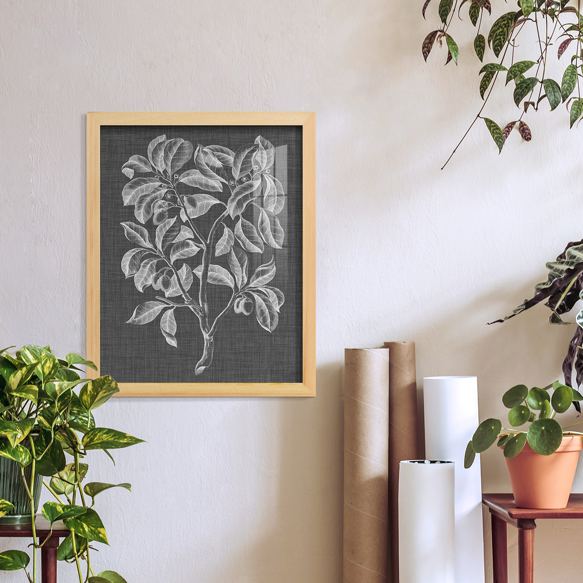 Graphic Foliage I - Framed Print w/glass - Natural Wood