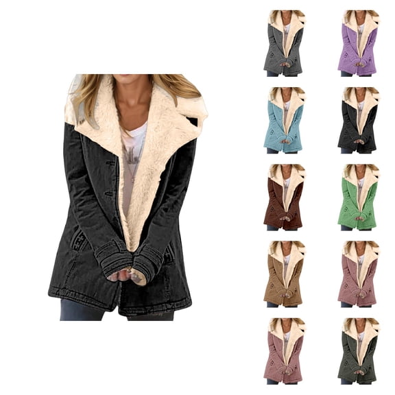 Winter Coats for Women Long Sleeve Thermal Suede Button Notch Collar Cardigan Jacket Outerwear with Pockets