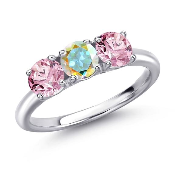 Gem Stone King 925 Sterling Silver Mercury Mist Mystic Topaz and Pink Lab Grown Diamond Engagement Ring for Women | 1.55 Cttw | Round 5MM | Gemstone November Birthstone | Size 8