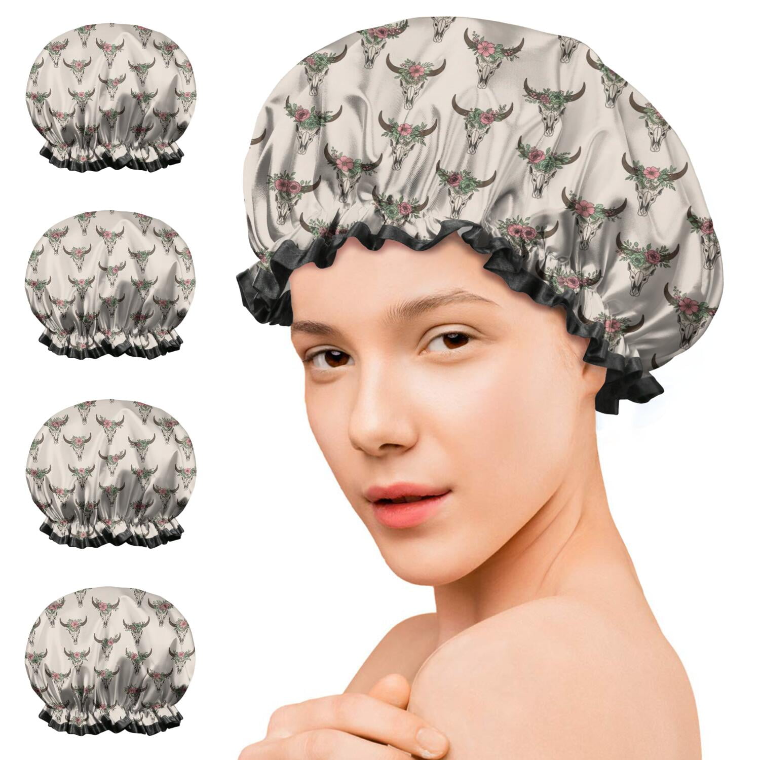 Shower Caps,Beige Buffalo Skull Flower Pattern Waterproof Shower Cap for Women 4 Pieces,Double Reusable Hair Cover for Shower PEVA Elastic Stretch Hem
