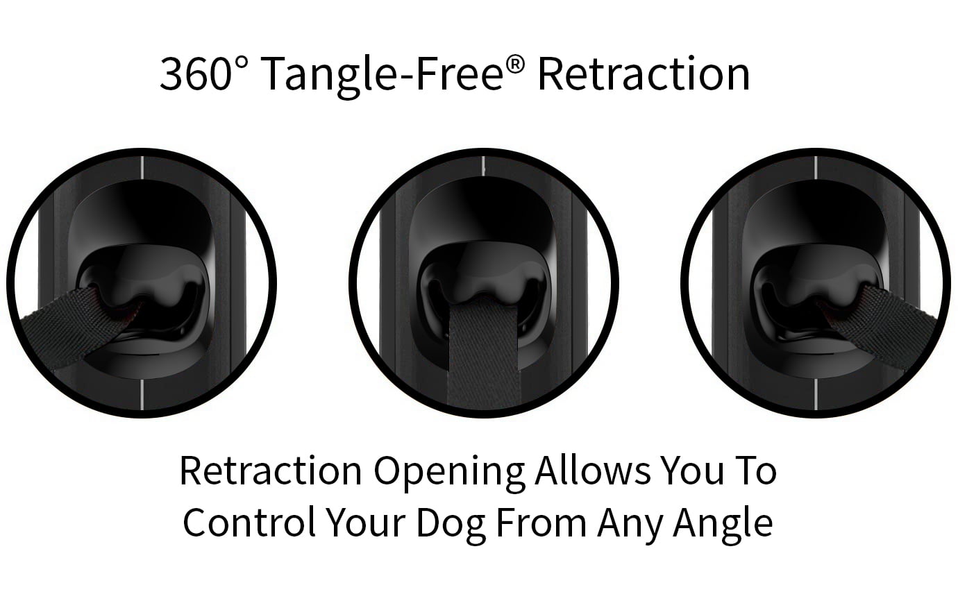 TUG 360° Tangle-Free, Heavy Duty Retractable Dog Leash for Up to 110 lb Dogs; 16 ft Strong Nylon Tape/Ribbon; One-Handed Brake, Pause, Lock (Large, Black)