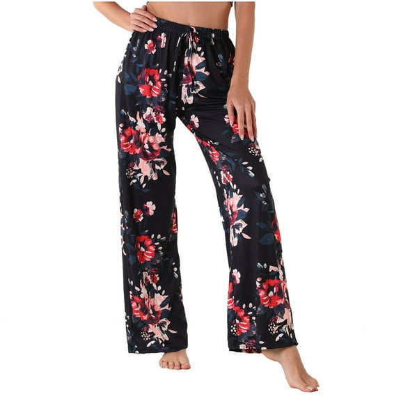 miqiqism Soft Pajama Pants for Women Vintage Floral Printed Casual Yoga Capri Pants Trendy Comfy Drawstring High Waist Elastic Pants Trousers,Red,Medium
