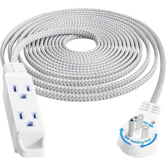 20FT 360° Rotating Flat Plug Extension Cord Flat Wall Plug with 3 Outlets, Braided Flat White Extension Cord for Indoor Use, Small Space, 16/3C SPT, ETL Listed