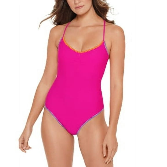 Salt   Cove LIPSTICK PINK Shell-Stitch Cross-Back One-Piece Swimsuit, US Large