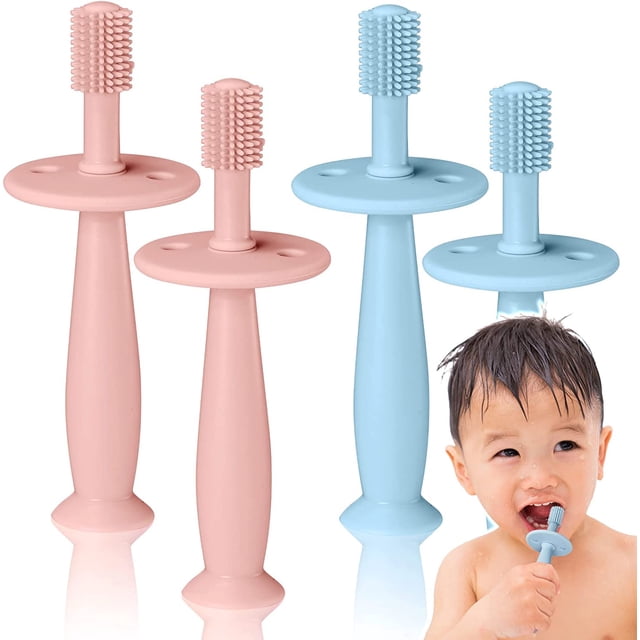 Paquete de 4 cepillos de dientes de silicona TUNC para bebés con base de succión azul rosa
