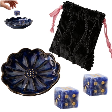 2Pcs Mahjong Dice Set, Natural Blue Crystal Gemstone D6 Dice with Velvet Pouch & Ceramic Tray, 16mm Stone Dice for American Mahjong, Mahjong Accessories, Board Games & Gift for Players