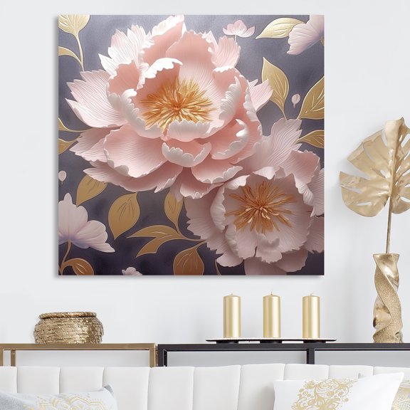 Designart "Vintage Pink Peonies On A Gray Canvas" Poppies Canvas Art Print