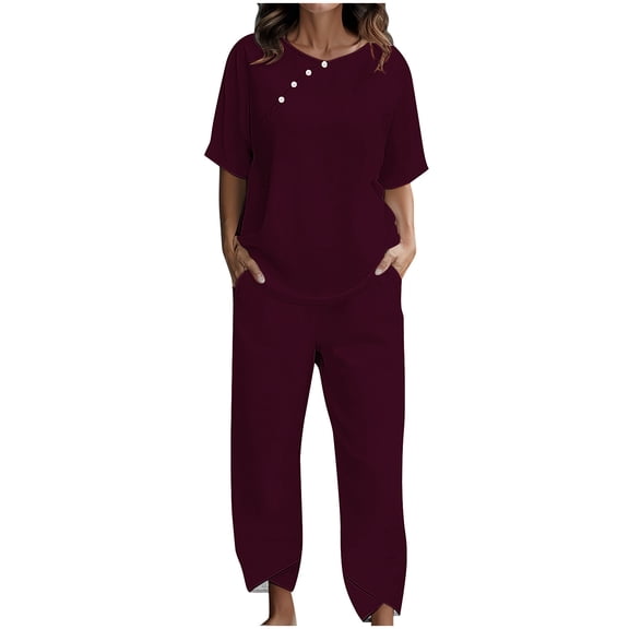 Scyoekwg Summer Outfits for Women 2 Piece Tracksuit Casual Sweatsuits Sets Loose Solid Color Short Sleeve Round Neck Tops Jogger Pants Trendy Outfits (Purple,XXXL)
