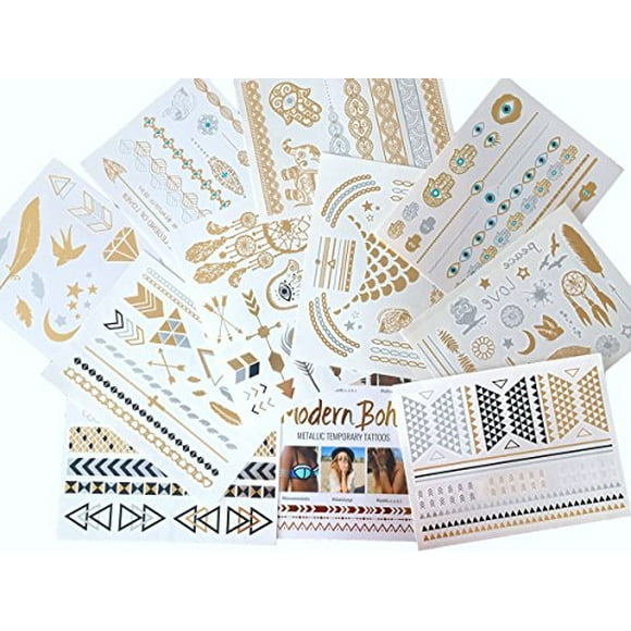 10 Sheets Modern Boho Metallic Tattoos Flash Gold/Silver Ultimate Collection