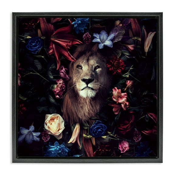 Stupell Industries Lion & Dark Blooms Animals Painting Black Floater Framed Canvas Art Print Wall Art, 18 x 18