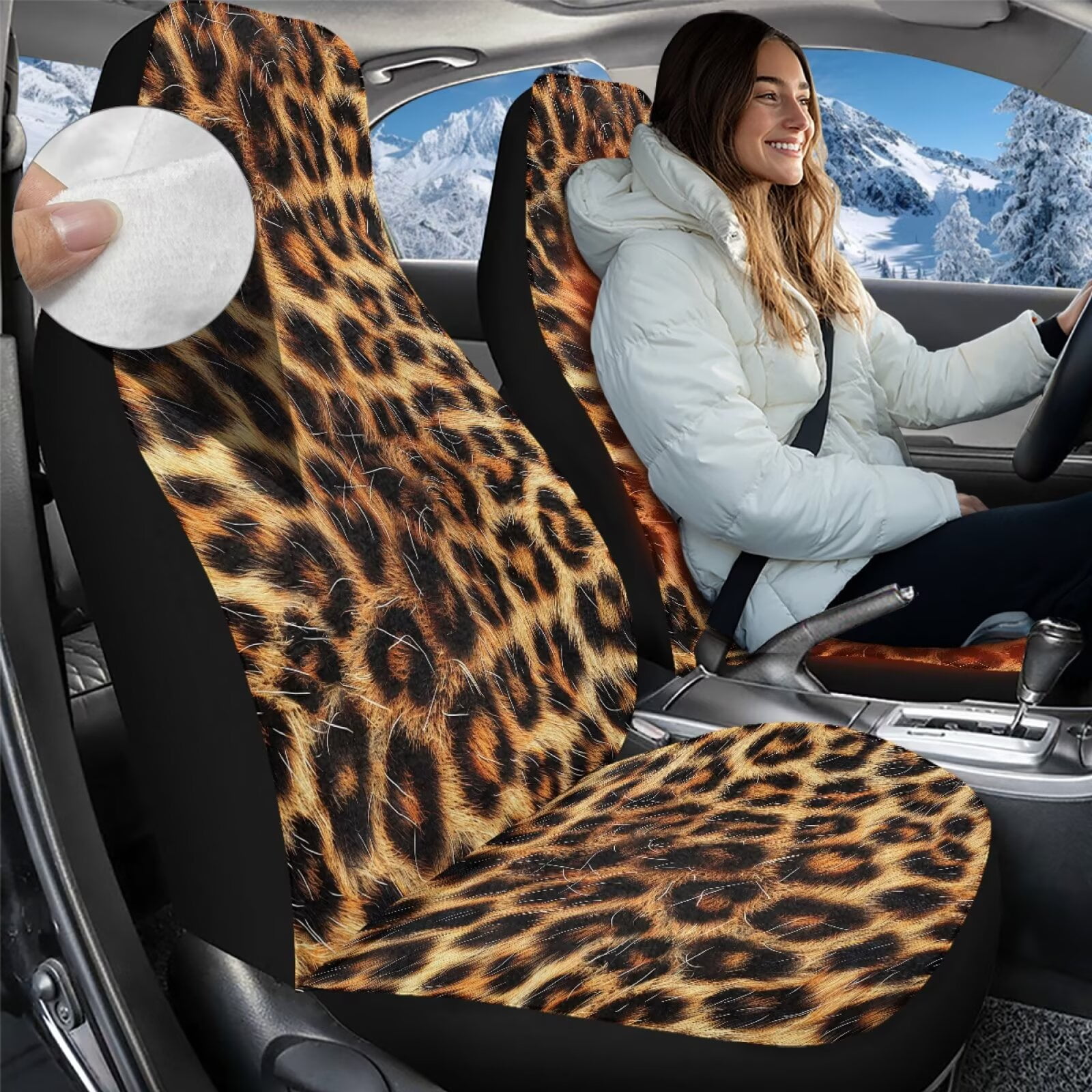 Uorisanigo Universal Car Seat Covers, Washable Breathable Brown Cheetah Leopard Print Front Seat Covers Fluffy Furry Car Seats Cover Cushion Accessories for Women, Set of 2