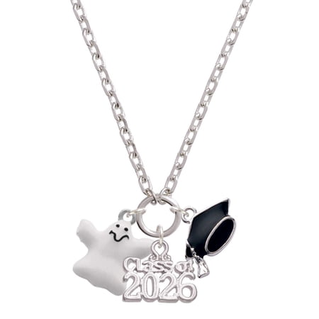 Delight Jewelry Silver-tone White Ghost - Class of 2026 Graduation Zoey Charm Necklace, 28"
