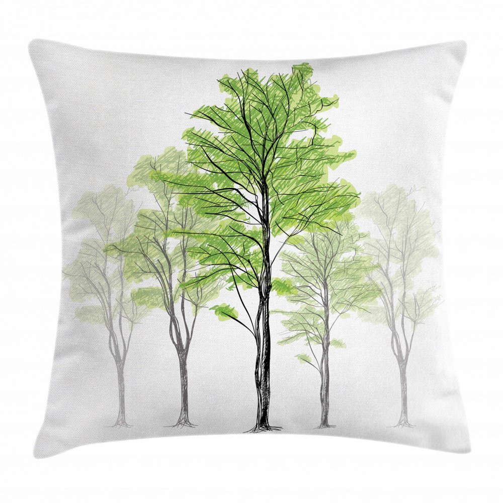 Forest Throw Pillow Cushion Cover, Sketch Style Tree with Green Leaves