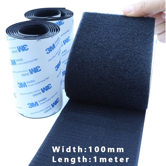Black 100mm x 1M Heavy-Duty Hook & Loop Tape - Heat/Waterproof Adhesive, No-Residue for Auto & Home