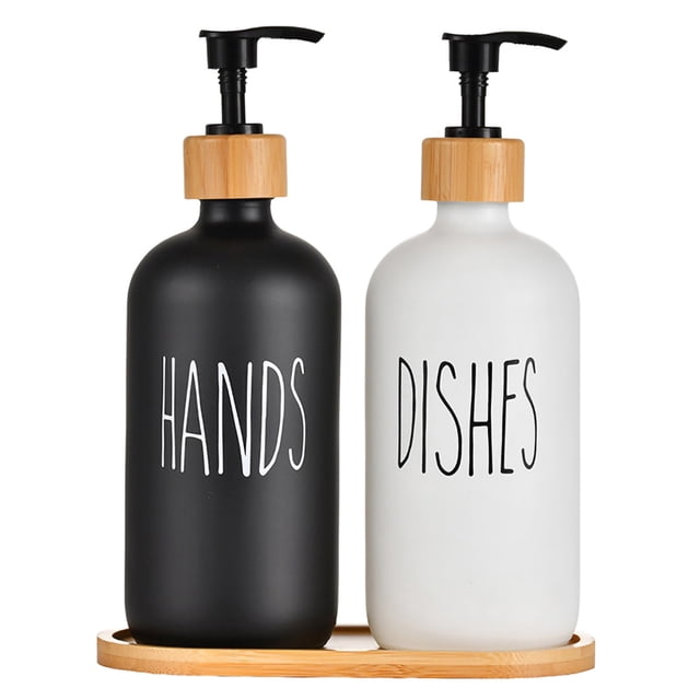 Juego de dispensador de jabón de vidrio, dispensador de jabón de 500 ml, juego de baño negro mate con bandeja, dispensador de jabón de manos, loción y champú para encimera de cocina