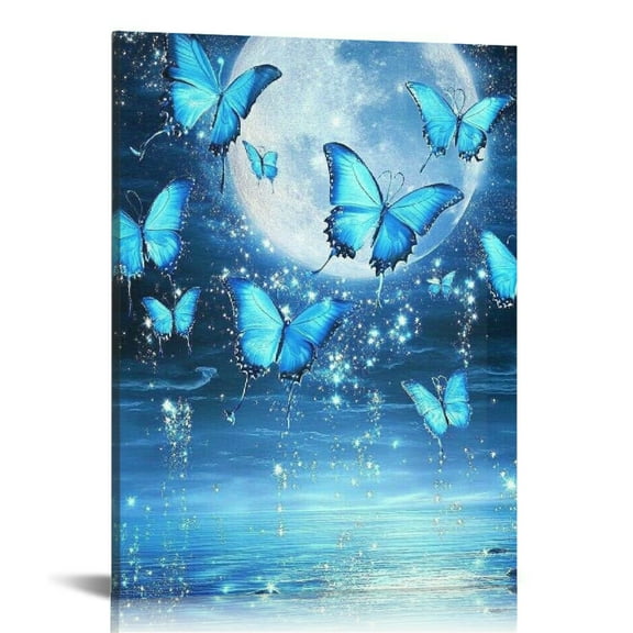 Autua Blue Butterflies Water Full Moon Canvas Print Wall Art 12x16 in