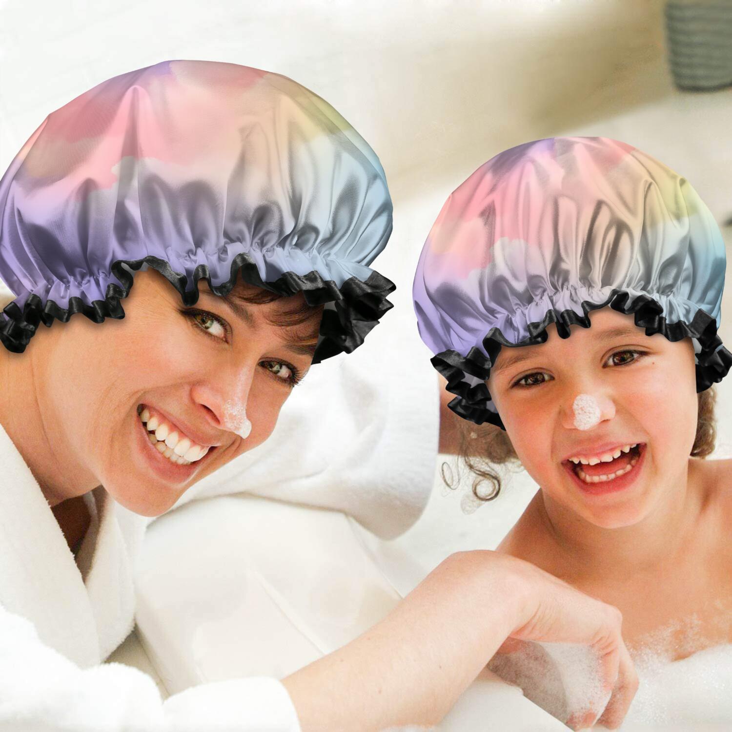 Shower Caps,Pastel Rainbow Clouds Waterproof Shower Cap for Women 4 Pieces,Double Reusable Hair Cover for Shower PEVA Elastic Stretch Hem