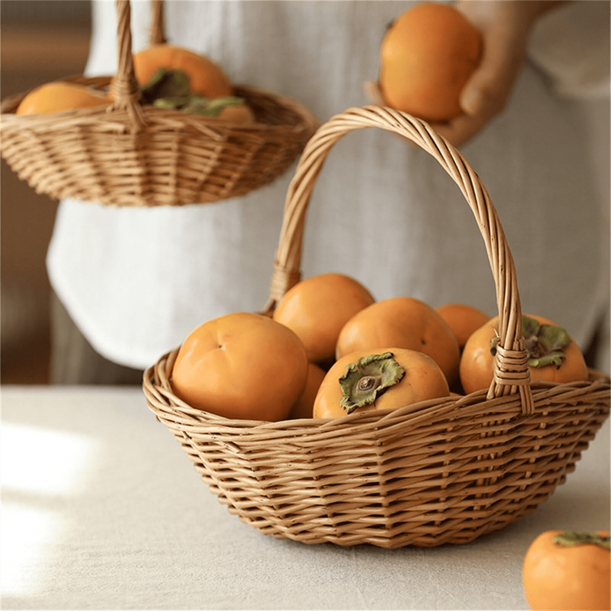 Wicker Basket with Handle, Wicker Shopping Basket, Gift Hamper Basket, Picnic Baskets, Kitchen Stora wood color wicker