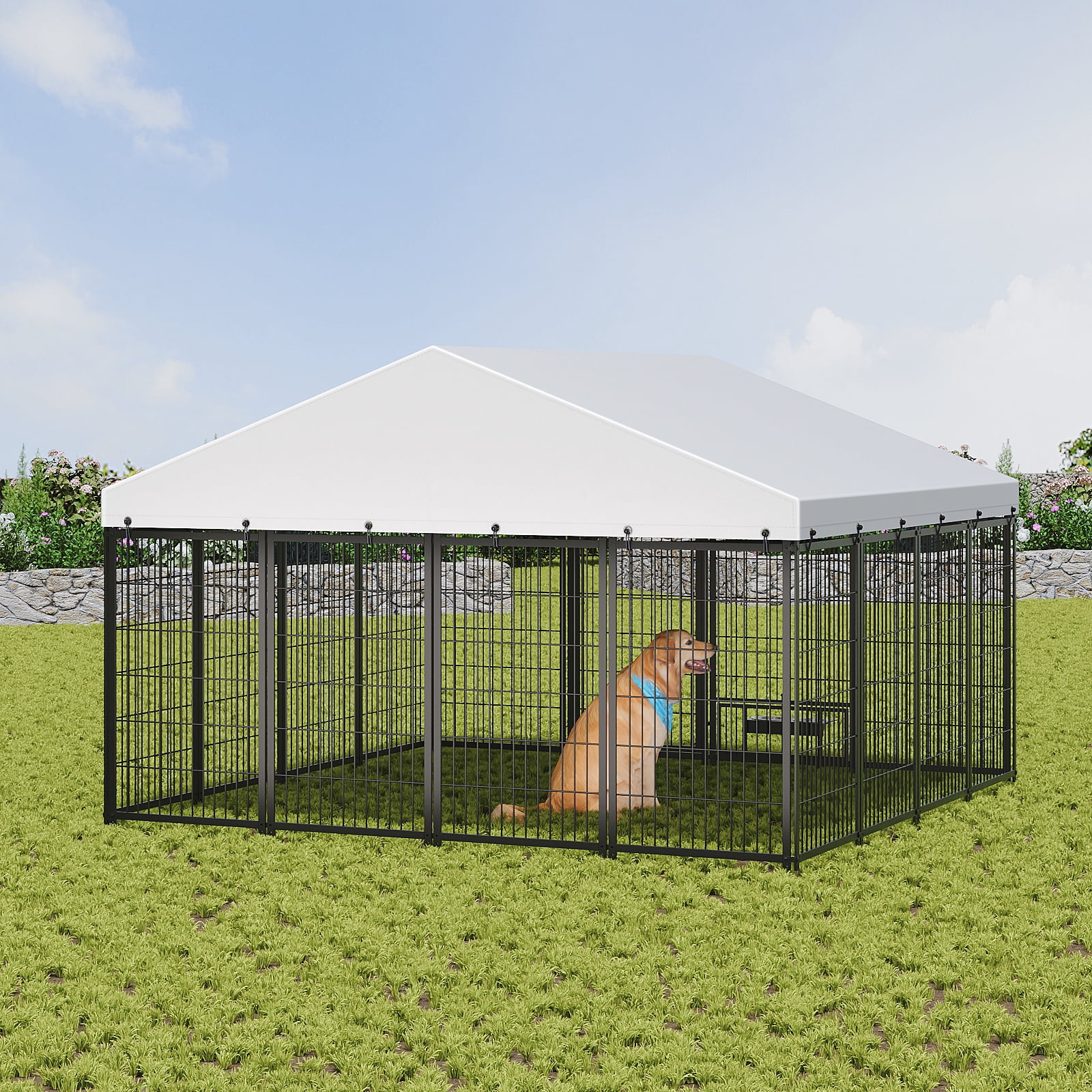 Large Dog Kennel Outdoor Pet Pens Dogs Run Enclosure Animal Hutch Metal Coop Fence with Roof Cover, 9.62'L x 9.35'W x 6.18'H