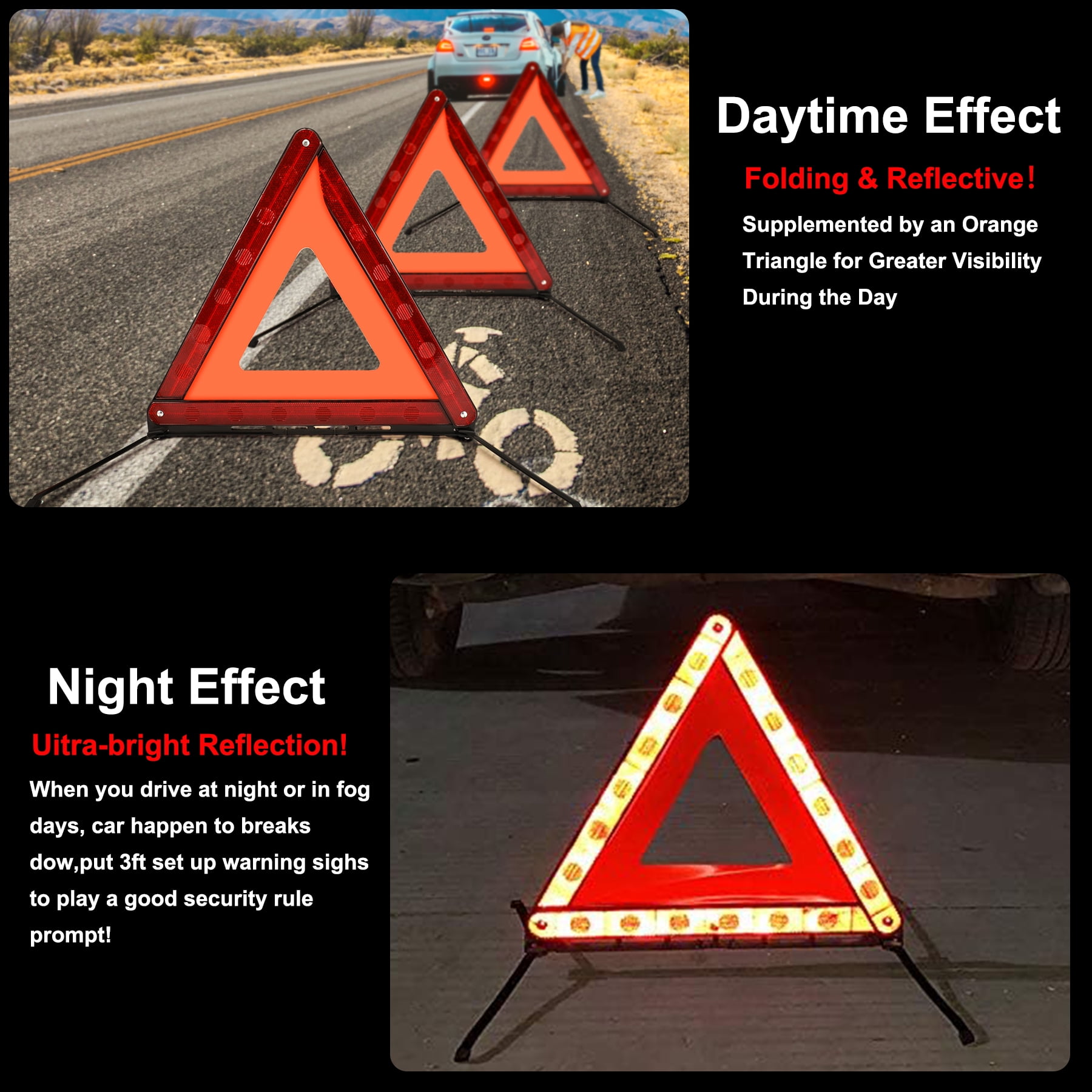 KKSQ Safety Triangles, Emergency Reflectors - Roadside Kit, 3-Pack with Anti-Slip Base, Foldable for Car, Truck, Motorcycle
