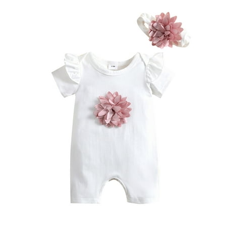 

IZhansean Newborn Infant Baby Girls Short Sleeve 3D Flower One-Piece Romper Jumpsuit Headband Summer Casual Outfits White 3-6 Months