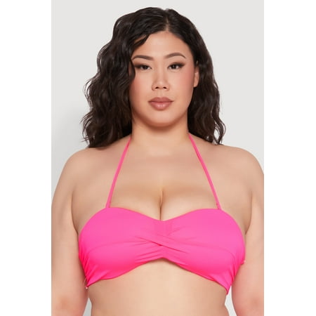 Rainbow Shops Female Adult Plus Size Twist Front Halter Bandeau Bikini Top Sleeveless  Halter Neck  Twist Front  Padded Cups  Convertible To Strapless  Ruching  Solid  Final Sale - No Returns
