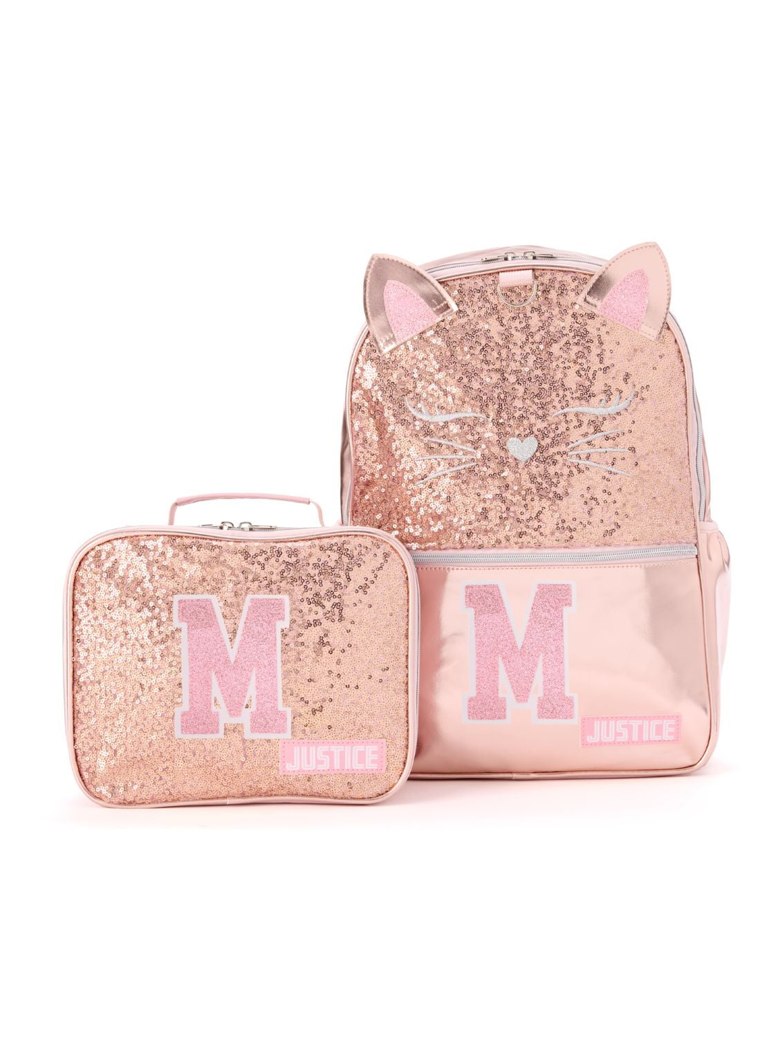 Purr-fectly Pink Glitter "M" Kitty Backpack Set, C-JUSTICE INITIAL BKPK SET- M