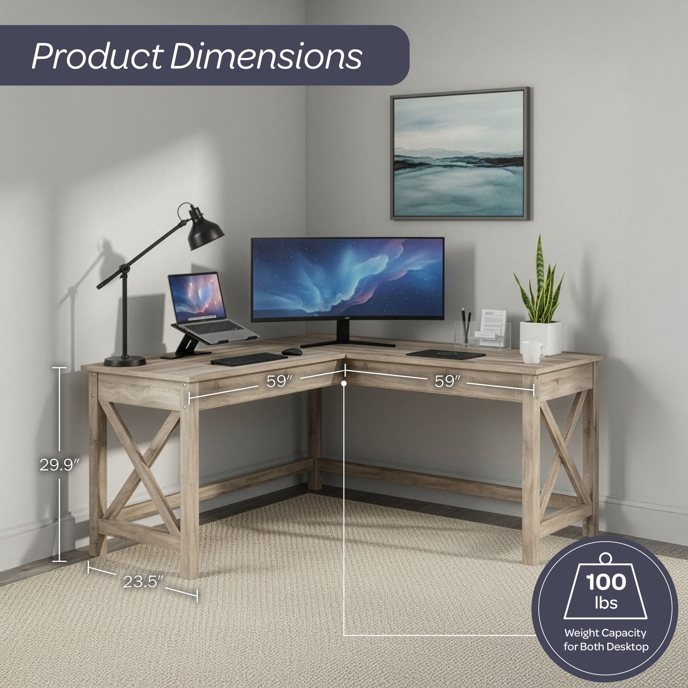 Lavish Home 59" L-Shaped Farmhouse Style Desk for Home Office in Light Gray Oak Finish