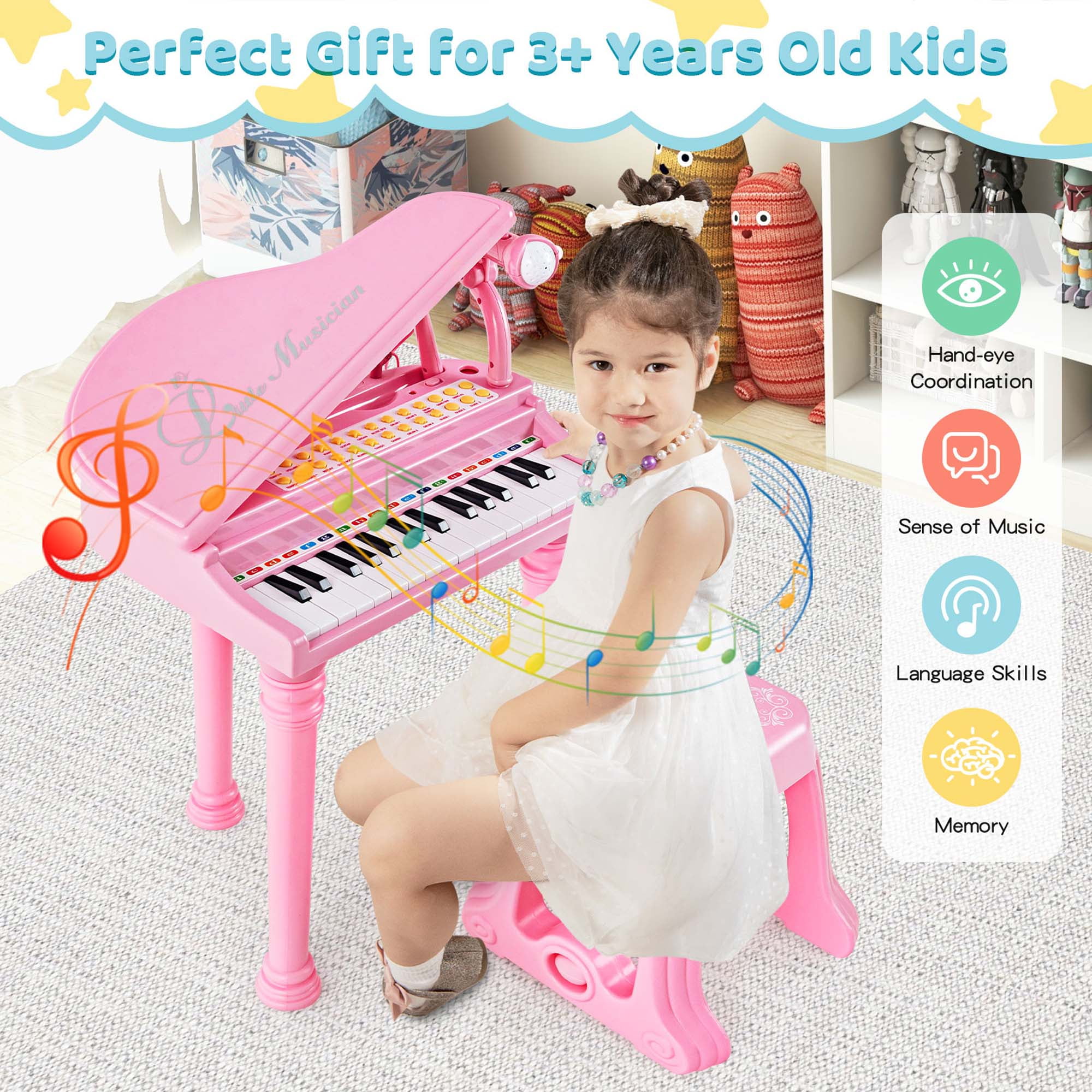 Costway 31 Keys Kids Piano Keyboard Toy Toddler Musical Instrument with Stool & Microphone Pink