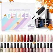 Gellen Fall Gel Nail Polish Kit - 16 Colors Red Brown Gel Polish Set with Top&Base Coats, Trendy Pink Glitter Nude Nail Polish Home Manicre Kit