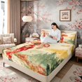 thumbnail image 3 of Manfei Watercolor Geisha Queen Sheet Sets for Girls, Red Umbrella Bed Set, Red Orange Green 4-Piece, 1 Flat Sheet, 1 Fitted Sheet and 2 Pillowcases, 3 of 6