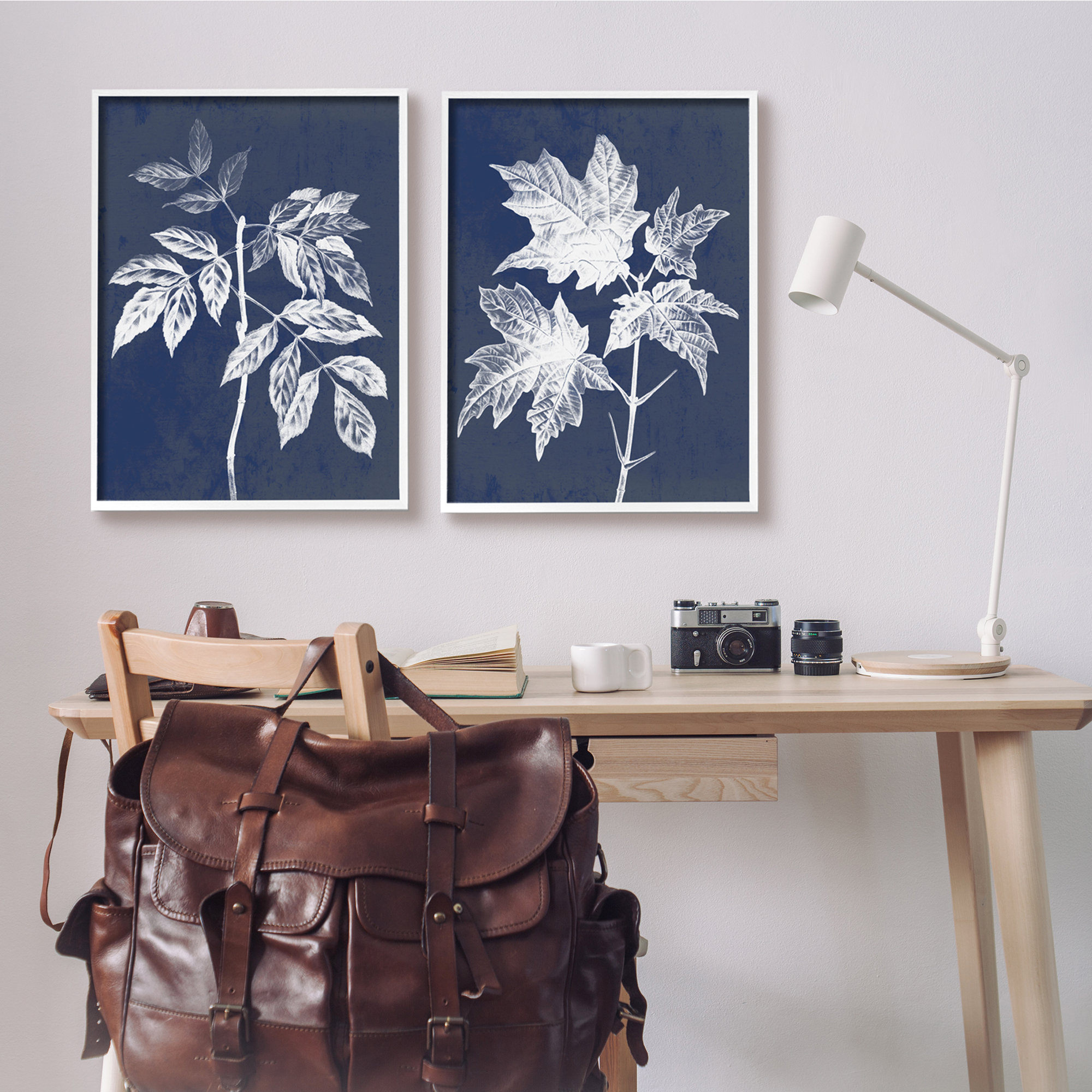 Stupell Industries Maple Leaf Elm Stem Vintage Blue White Illustration, 24 x 30,Design by Daphne Polselli